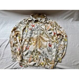 HM Women Tropical Floral Button Up Blouse Long Sleeve Cream Green Medium